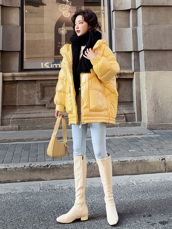 热嘉2020秋冬季黄色宽松羽绒服