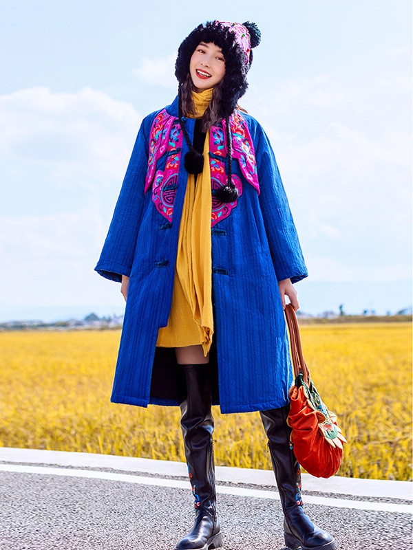 素萝2020秋冬季蓝色宽松大衣