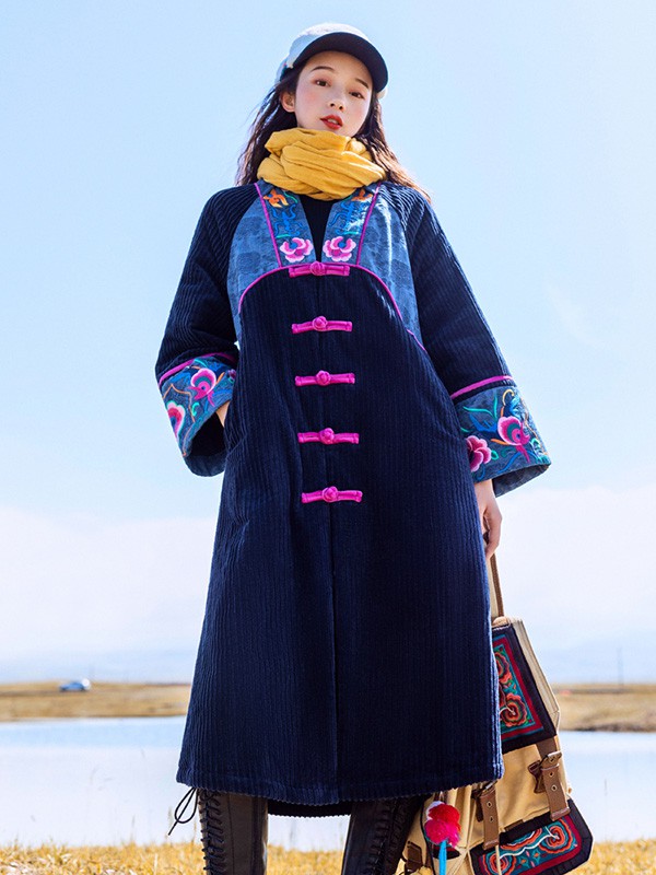 素萝女装2020秋冬季藏蓝色刺绣大衣