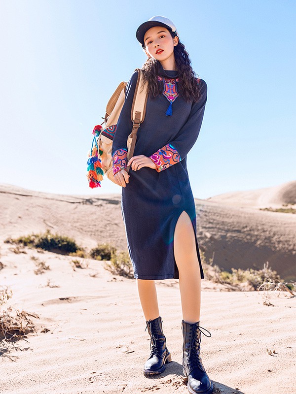 素萝女装2020秋冬季藏蓝色开叉连衣裙