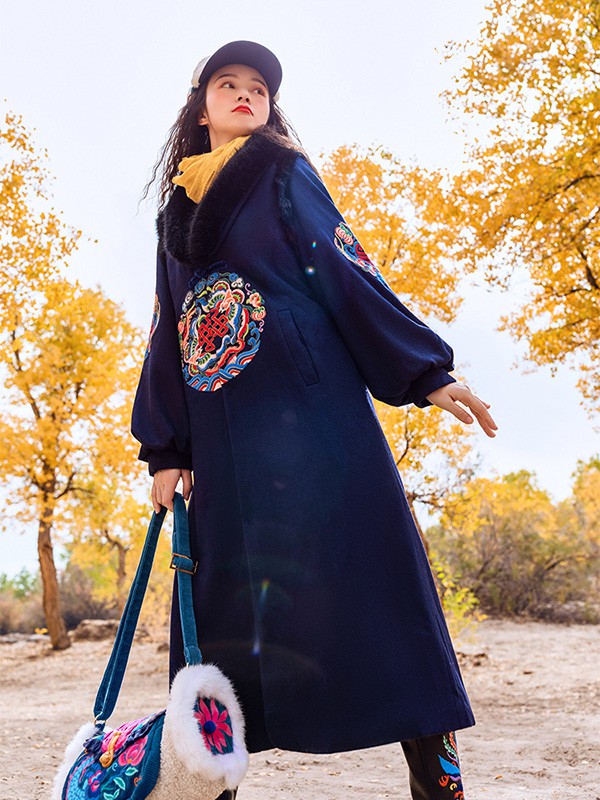 素萝女装2020秋冬季藏蓝色纯色大衣