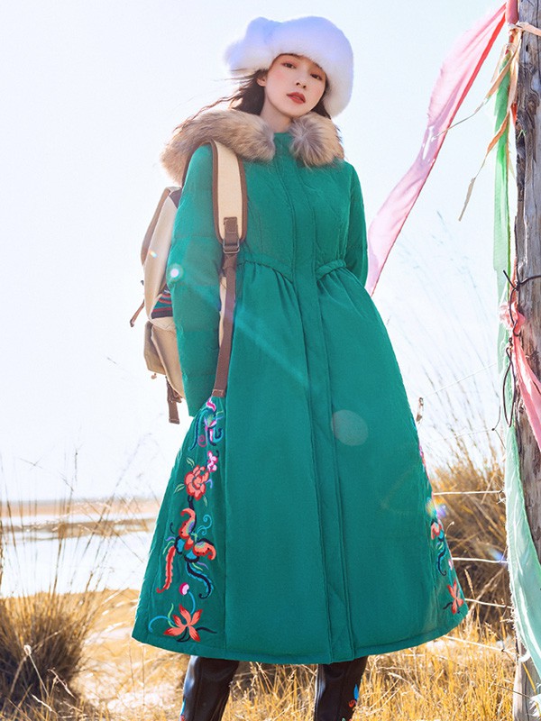 素萝女装2020秋冬季绿色带毛领羽绒服