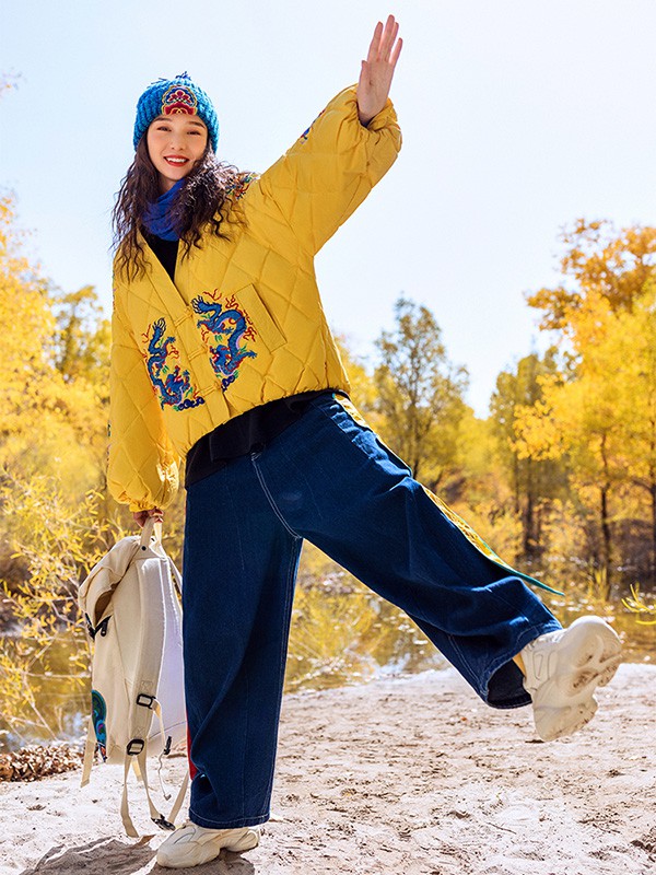 素萝女装2020秋冬季黄色刺绣羽绒服