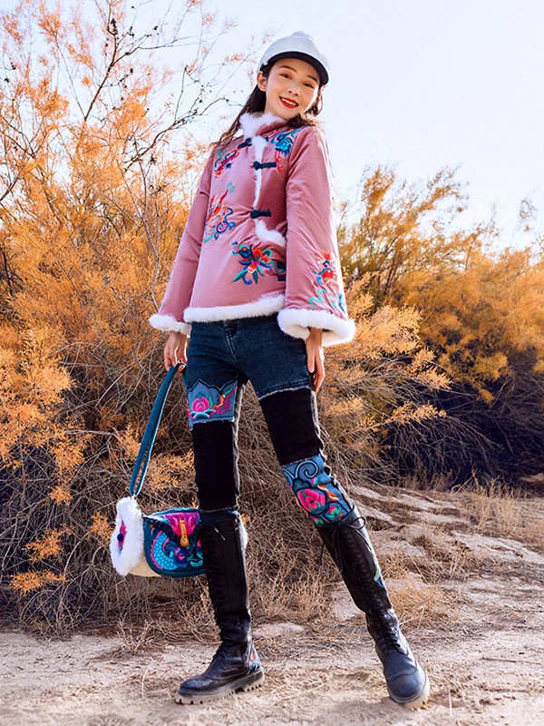 素萝女装2020秋冬季粉色刺绣大衣