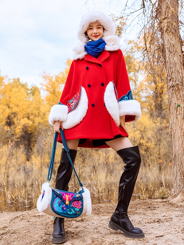 素萝女装2020秋冬季红色带毛领大衣