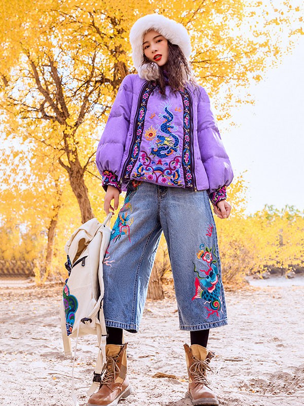 素萝女装2020秋冬季紫色刺绣羽绒服