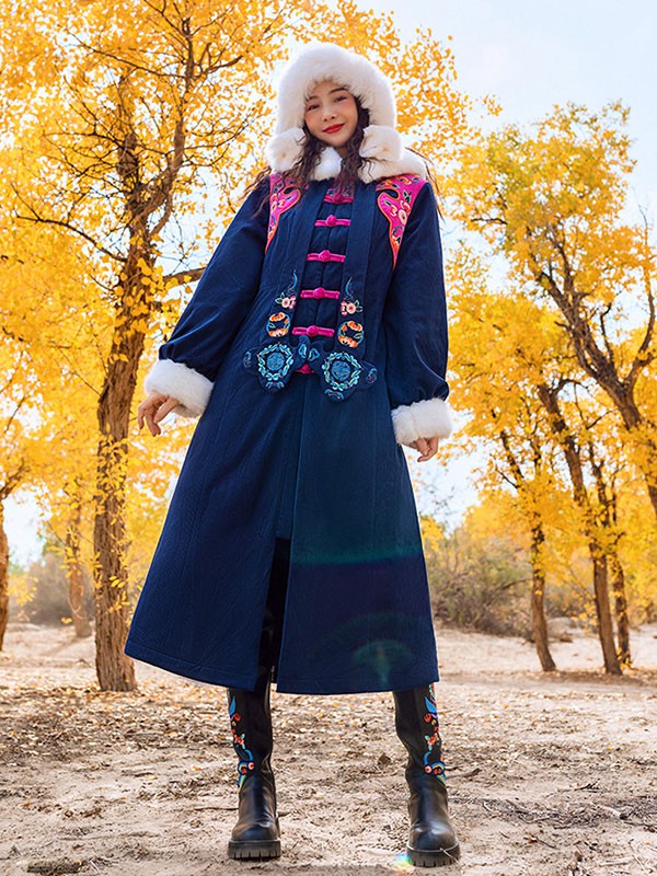 素萝女装2020秋冬季藏蓝色刺绣大衣