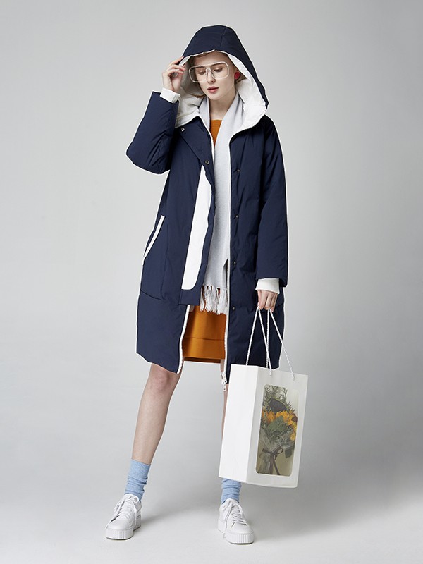 墨曲2020秋冬季藏蓝色连帽羽绒服