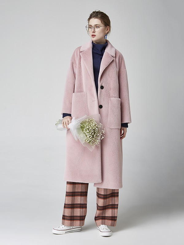 墨曲2020秋冬季粉色长款大衣