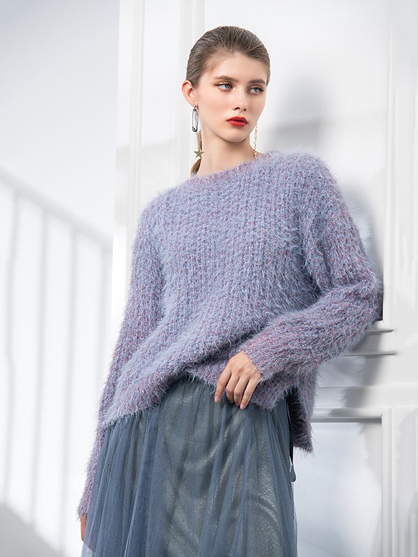 例格2020秋冬季紫色宽松毛衣