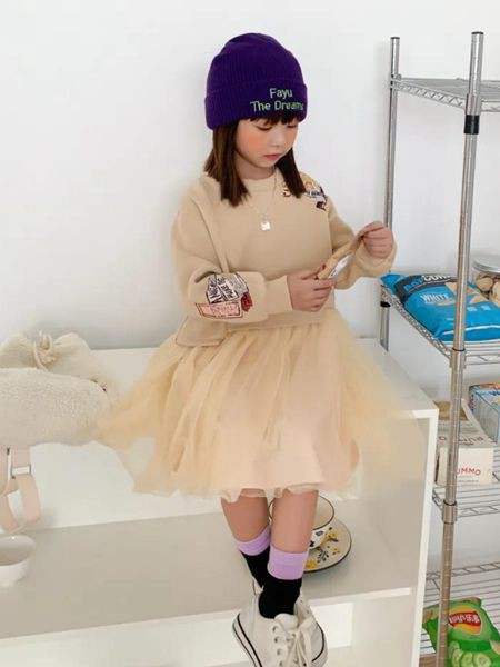 法语2020秋冬季黄色纱网连衣裙