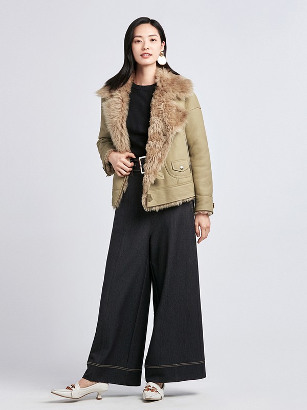 FUUNNYFEELLN2020秋冬季军绿色翻领外套