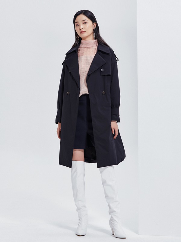 FUUNNYFEELLN女装2020秋冬季黑色宽松风衣