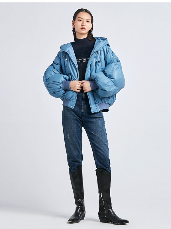 FUUNNYFEELLN女装2020秋冬季蓝色连帽羽绒服