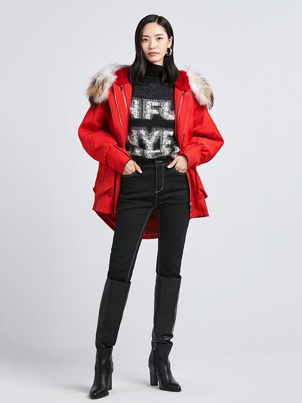 FUUNNYFEELLN女装2020秋冬季红色带毛领羽绒服