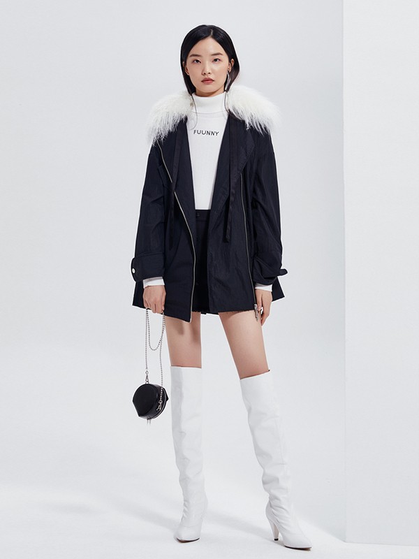 FUUNNYFEELLN女装2020秋冬季黑色带毛领羽绒服