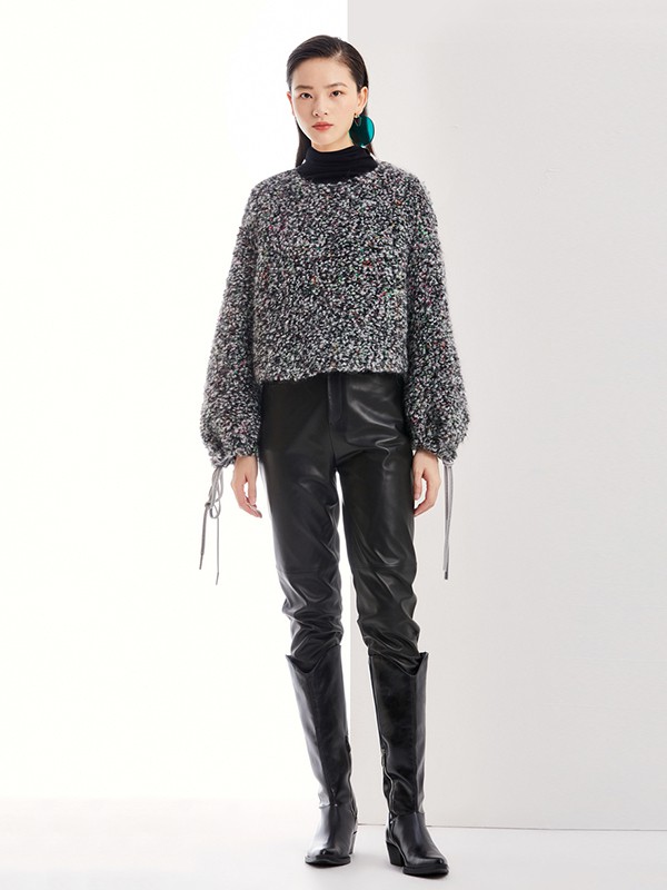 FUUNNYFEELLN女装2020秋冬季黑色泡泡袖毛衣