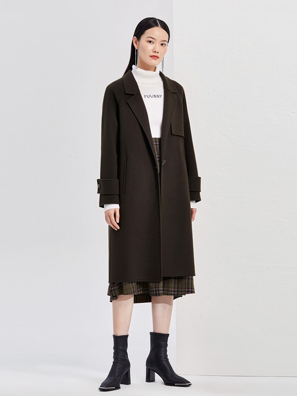FUUNNYFEELLN女装2020秋冬季咖啡色长款大衣