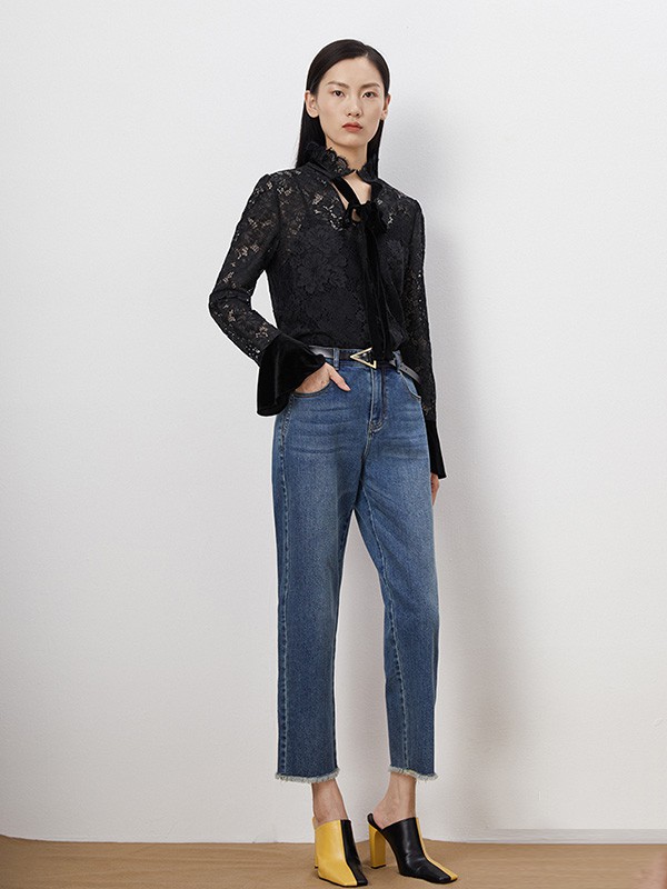 乔娜安达2020秋冬季黑色镂空衬衫