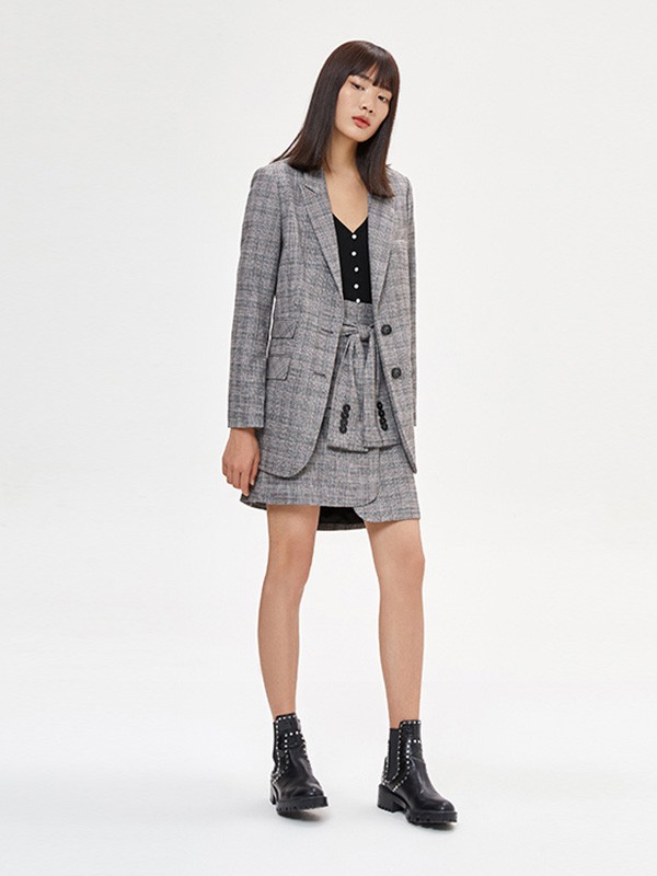 乔娜安达2020秋冬季灰色格子外套