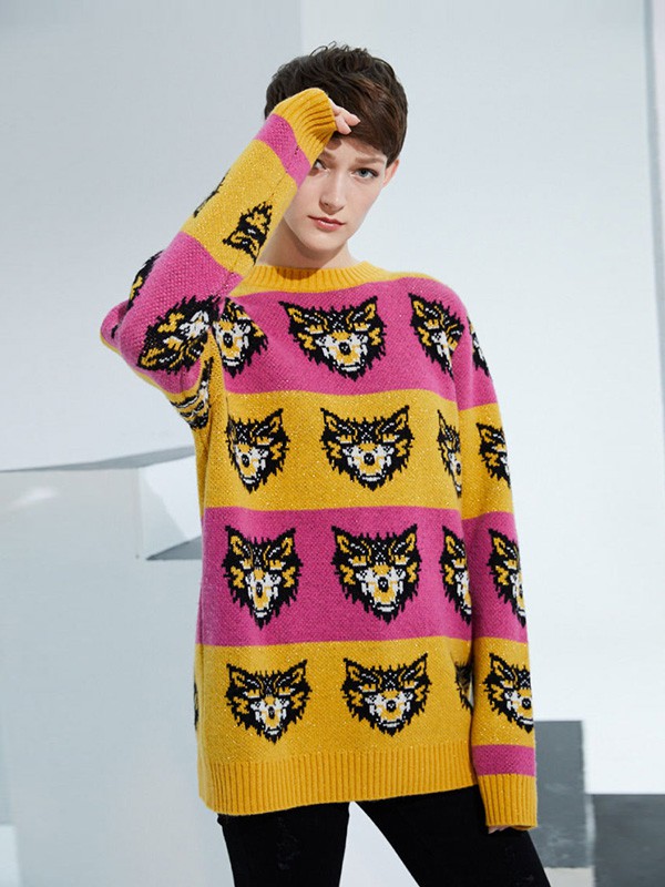 美言2020秋冬季拼色图案毛衣