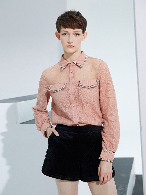 美言女装2020秋冬季粉色蕾丝衬衫