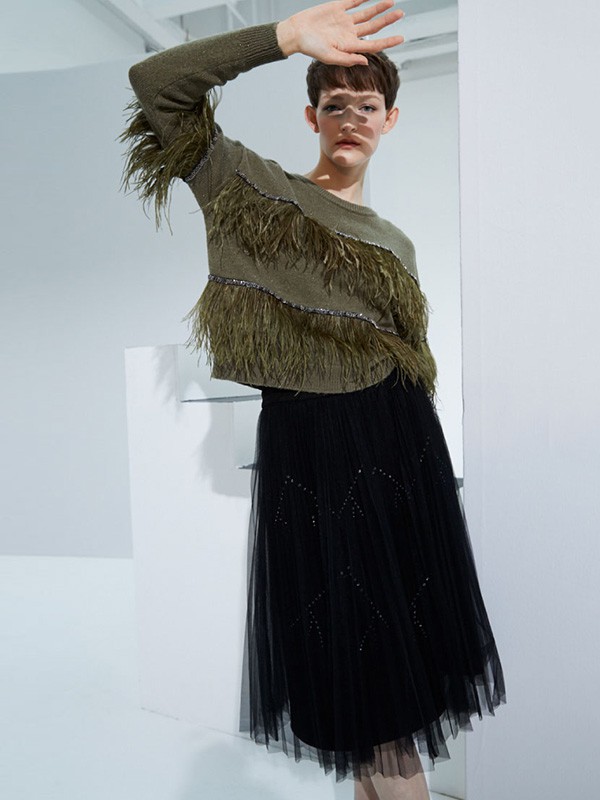 美言女装2020秋冬季绿色流苏毛衣