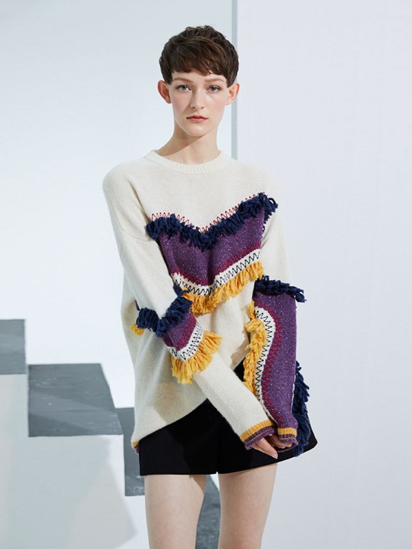 美言女装2020秋冬季米色撞色毛衣