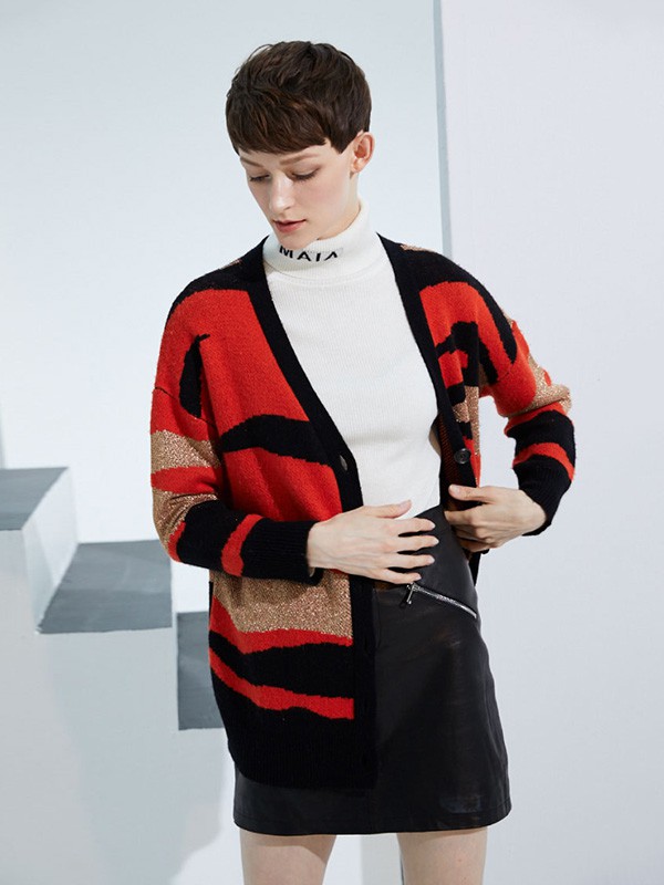 美言女装2020秋冬季红色撞色外套