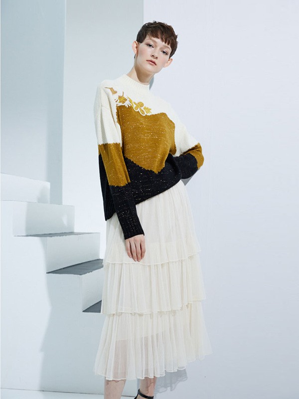 美言女装2020秋冬季拼色撞色毛衣