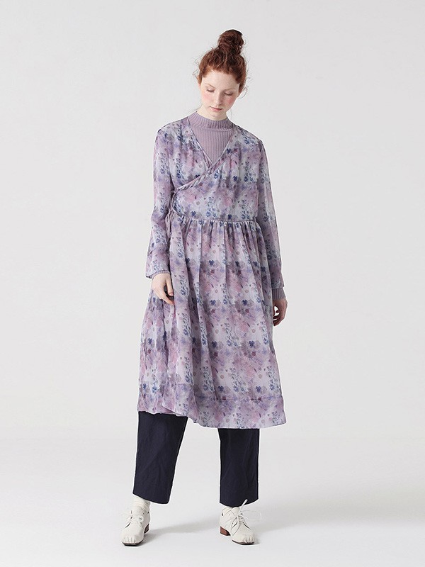 茶愫女装2020秋冬季紫色印花连衣裙