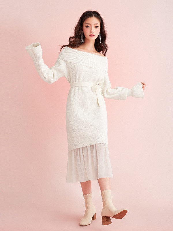 糖力潮品女装2020秋冬季白色拼接针织裙