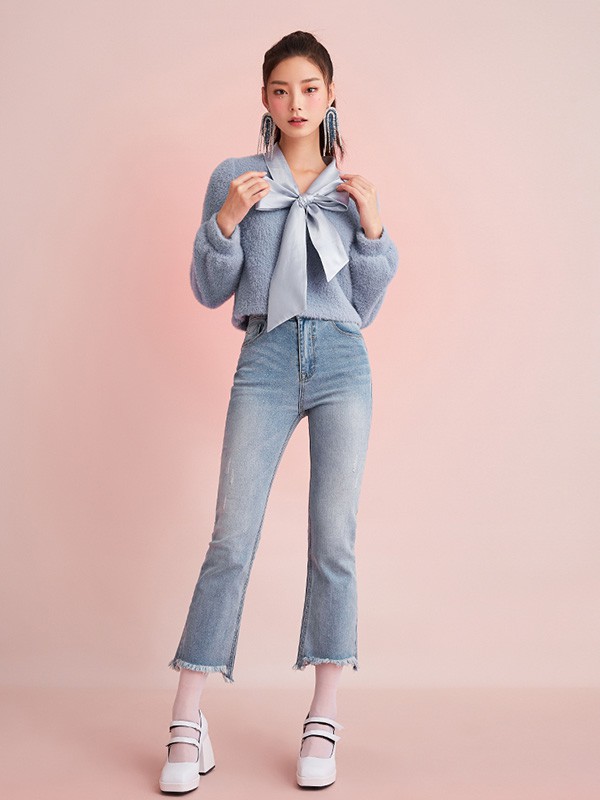 糖力潮品女装2020秋冬季蓝色荷叶边上衣