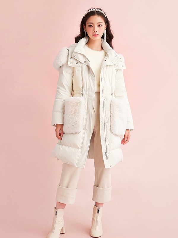糖力潮品女装2020秋冬季白色连帽羽绒服