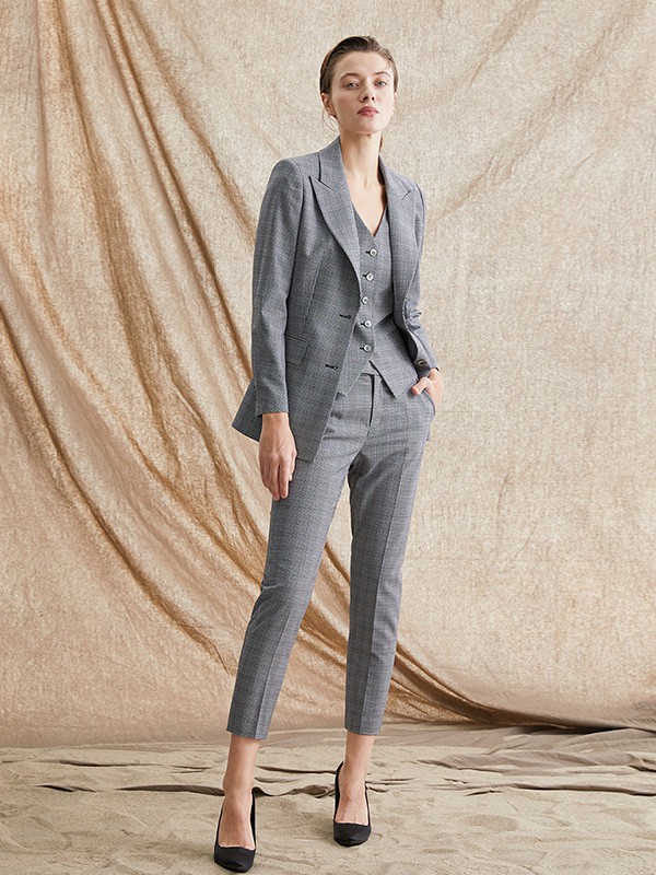 TieForHer女装2020秋冬季灰色格子西装