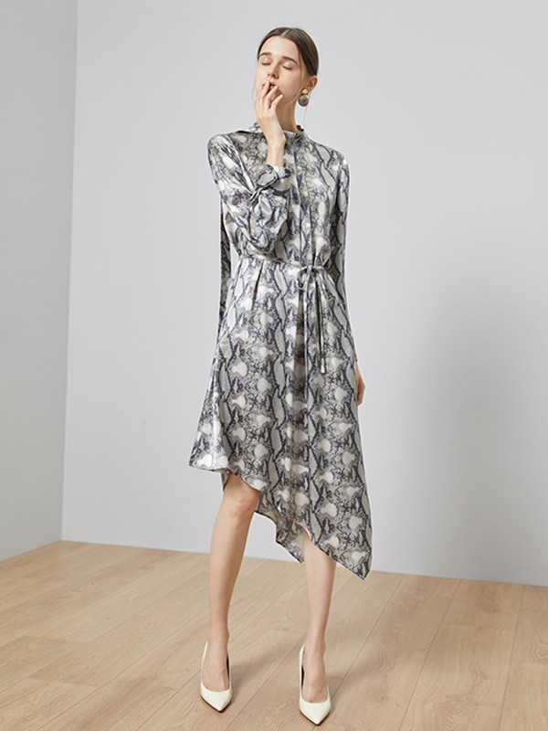 TieForHer女装2020秋冬季灰色印花连衣裙