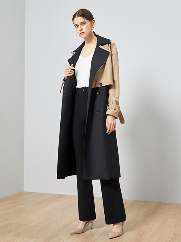 TieForHer女装2020秋冬季拼色长款风衣