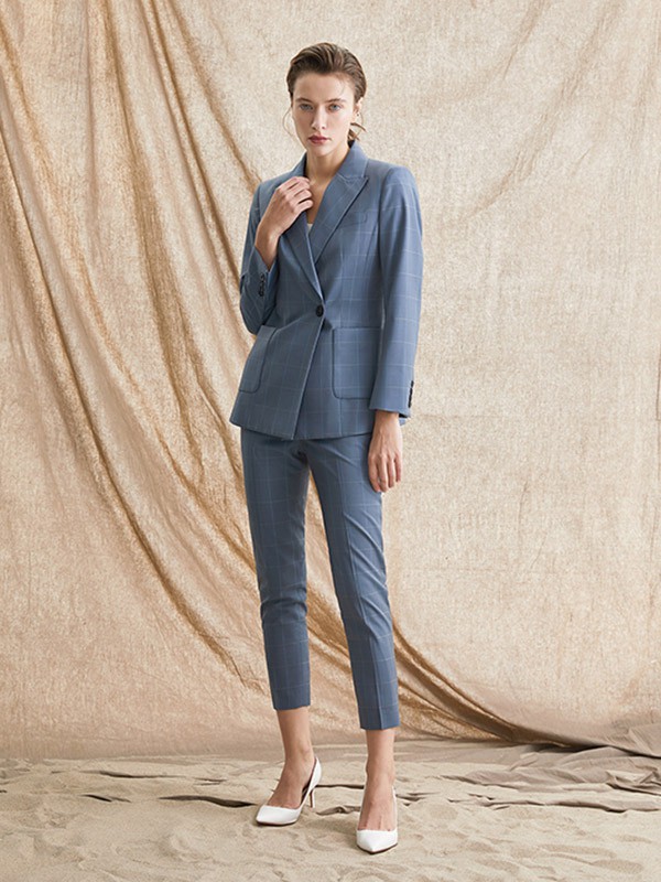 TieForHer女装2020秋冬季蓝色格子西装