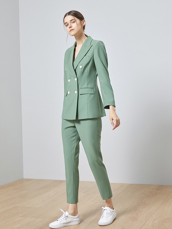 TieForHer女装2020秋冬季绿色纯色西装