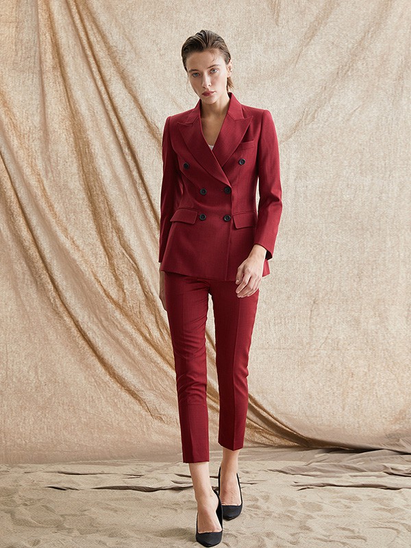 TieForHer女装2020秋冬季红色纯色西装