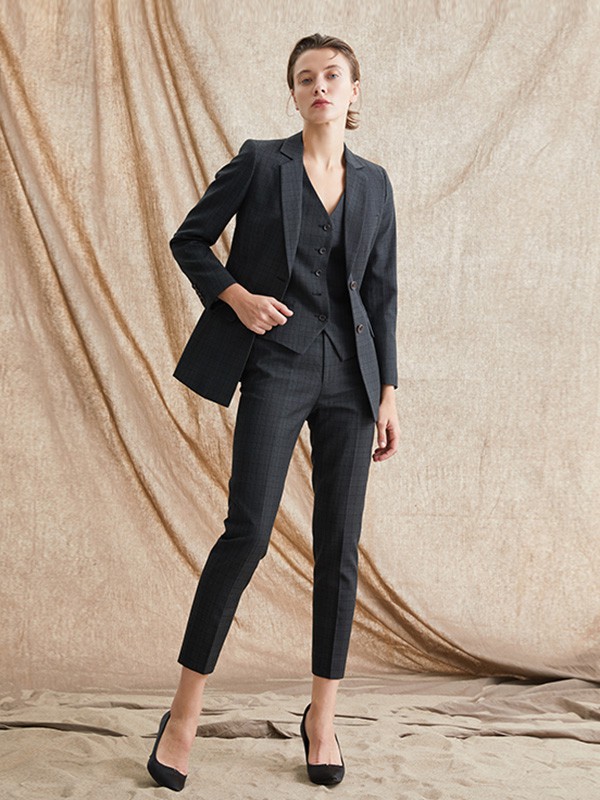 TieForHer女装2020秋冬季黑色格子西装