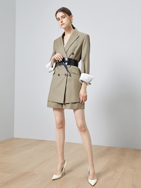 TieForHer女装2020秋冬季卡其色修身西装