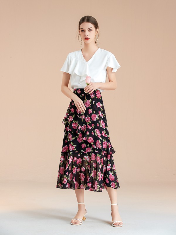 艾丽哲2020春夏季黑色印花半身裙