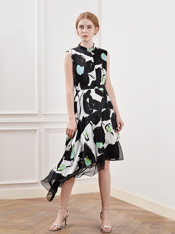 菲诺格诺女装2020夏季拼色不对称连衣裙