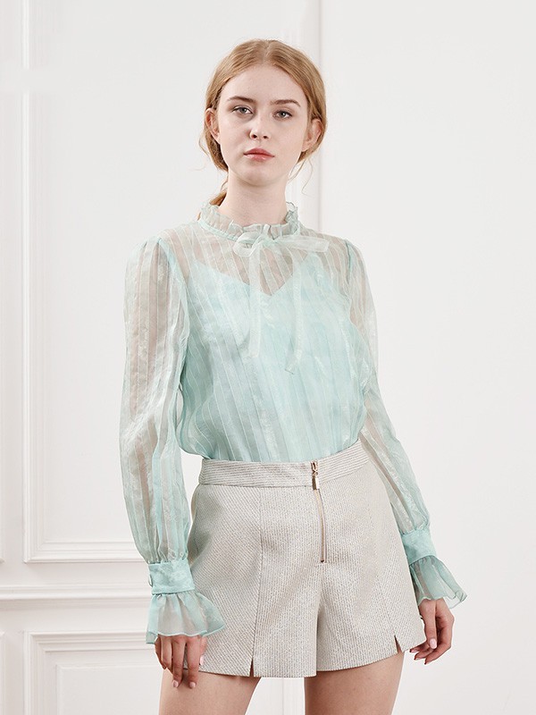 菲诺格诺女装2020夏季莫兰迪色系纱网上衣