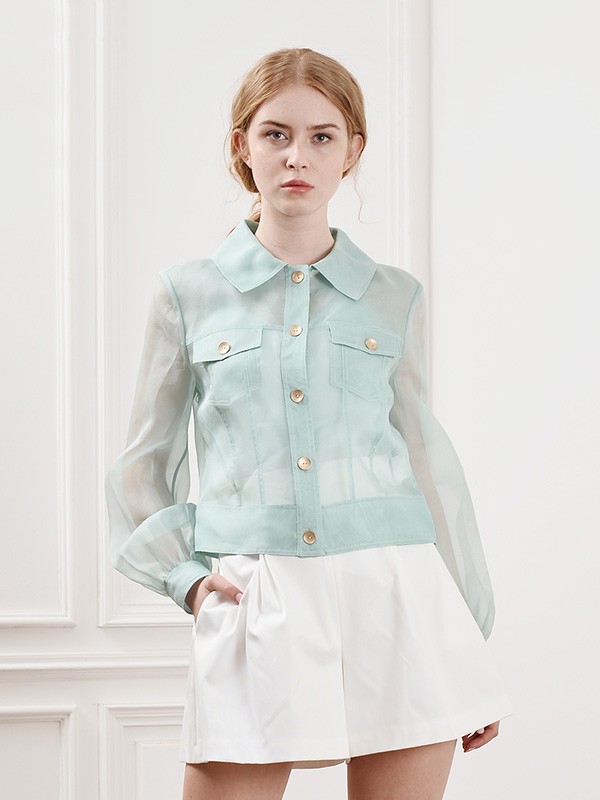 菲诺格诺女装2020夏季莫兰迪色系纱网上衣