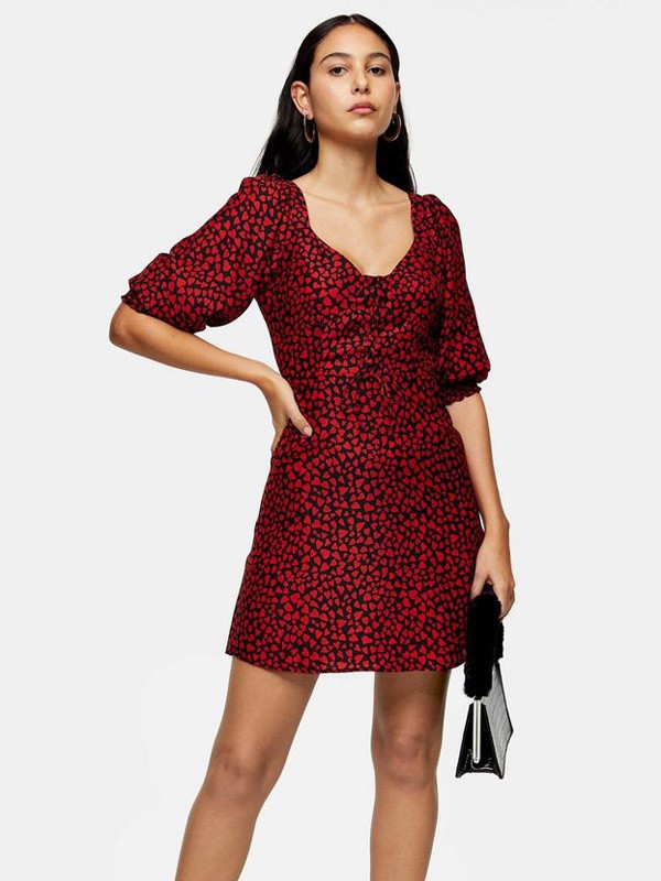 topshop2020春夏季红色泡泡袖连衣裙
