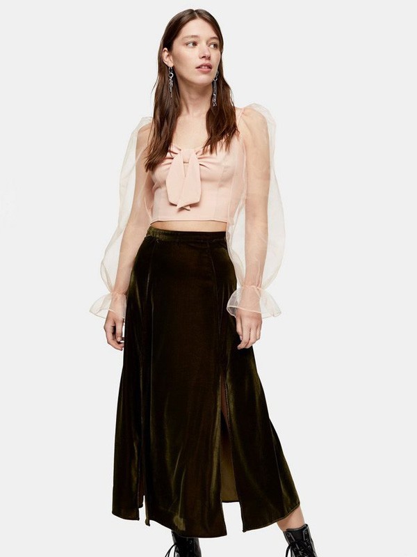 topshop2020春夏季墨绿色开叉半身裙