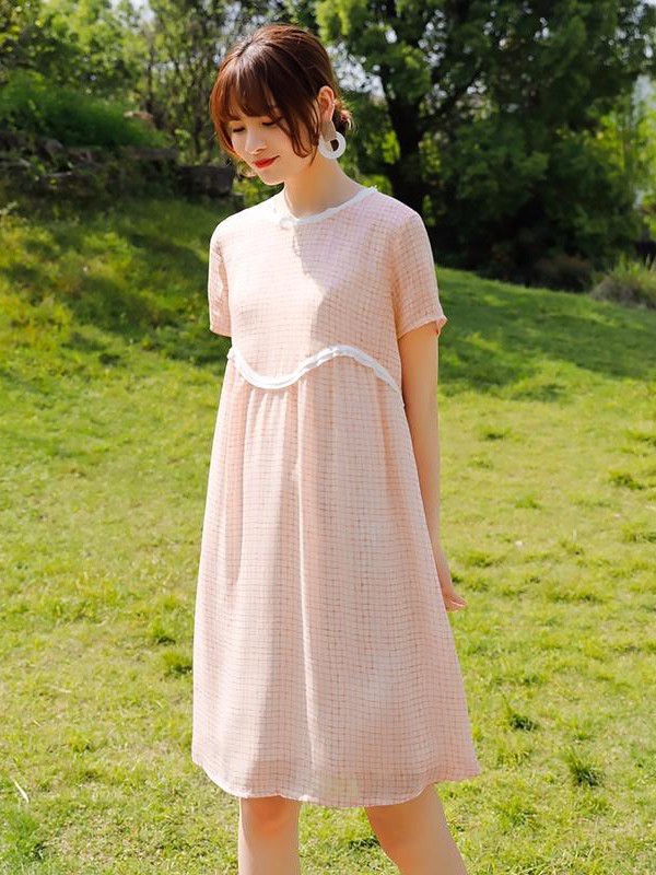 拼出完美2020春夏季粉色格子连衣裙