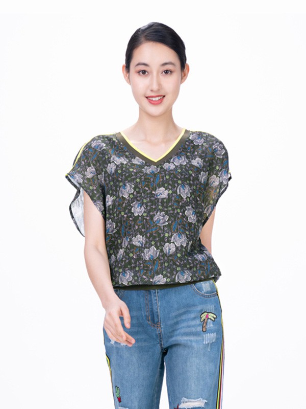 声雨竹2020夏季绿色碎花上衣